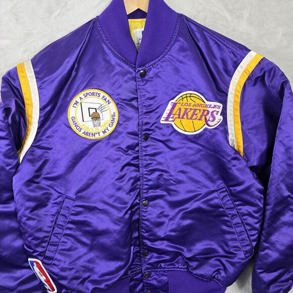 Vtg 80's Los Angeles Lakers Satin Starter Jacket Size Large W/ Anti-Gang Patches - Picture 3 of 14